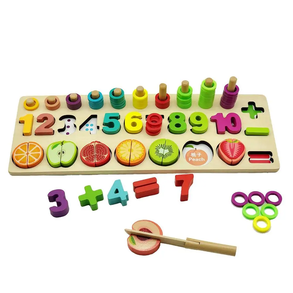 

3 in 1 Wooden Stacking Count Puzzle Board Cutting Pretend Play Kid Education Toy Good for developing sorting skills