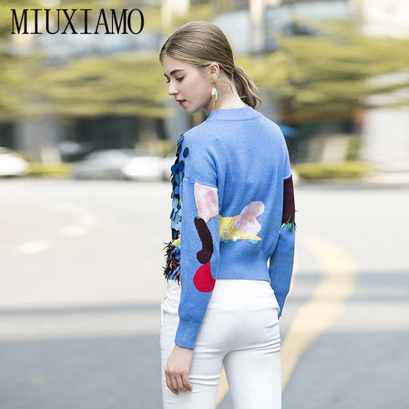MIUXIMAO, высокое качество, Европейская мода, осень, Новое поступление, Повседневный, Круглый ворот, полный рукав, с блестками, элегантный свитер для женщин, vestido