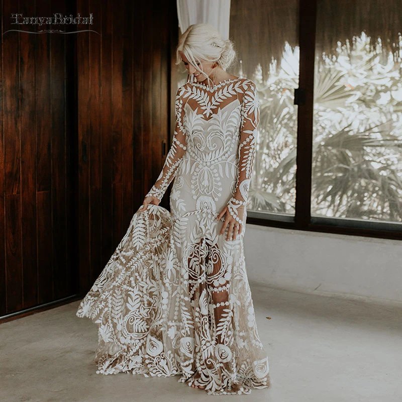 Dramatic Cornelli Lace Wedding Dresses Long Sleeve Low Back Full Skirt