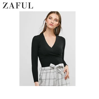 

ZAFUL 2019 Autumn Warm Surplice Plunge Ribbed Slim Sweater For Women Plunging Neck Solid Color Ladies Tops Basic Women Pullovers