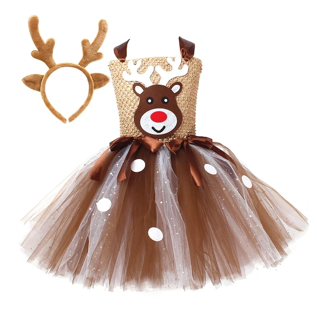 Disfraz navideño de Reno para niñas, vestido de tutú de ciervo Rudolph con  diadema, ropa de