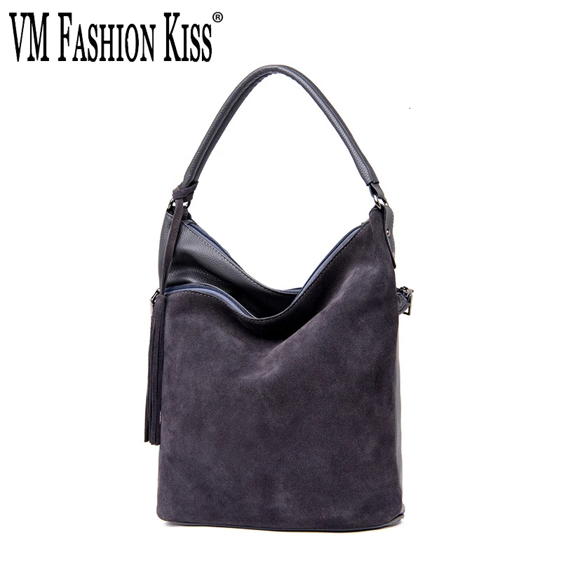 VM модная Замшевая сумка-мешок с разрезом поцелуя, сумка-тоут, новые повседневные сумки с верхней ручкой для отдыха, сумка через плечо с кисточкой