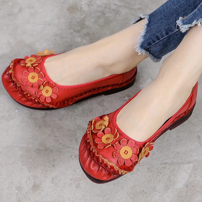 Женские лоферы из натуральной кожи; женские туфли в стиле ретро на плоской подошве с круглым носком и цветком; женская обувь на платформе; Zapatos De Mujer - Цвет: Red