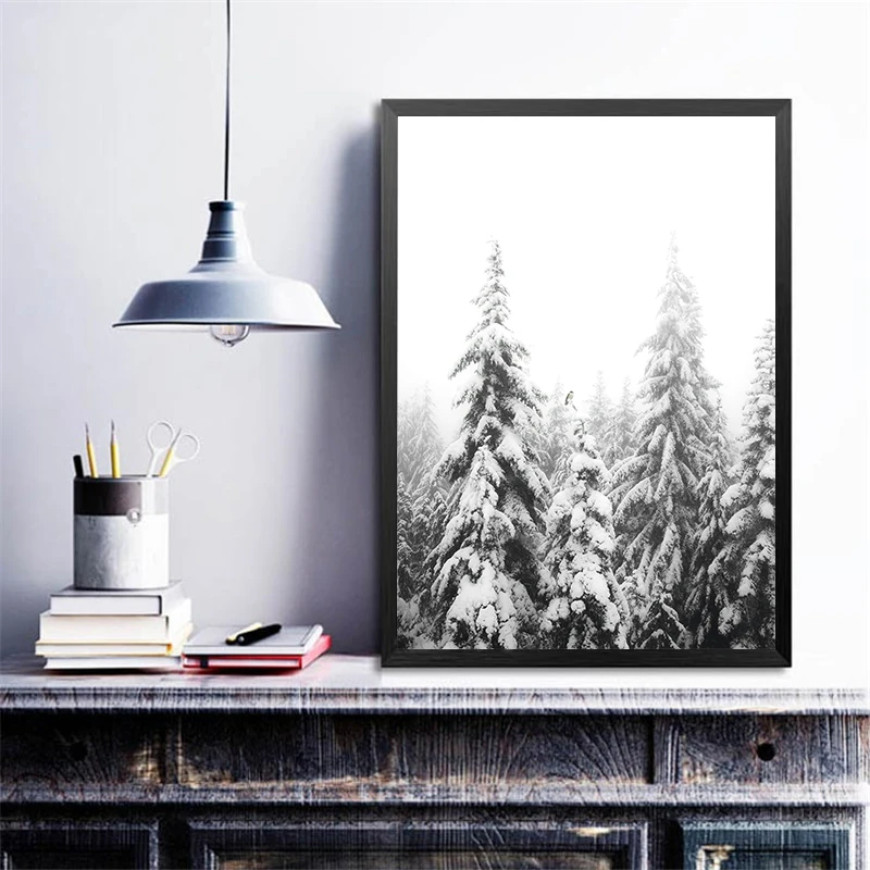 Modern Scandinavian Print Snow Trees Forest Poster Nature Winter Landscape Photography Art Canvas Painting Home Wall Art Decor