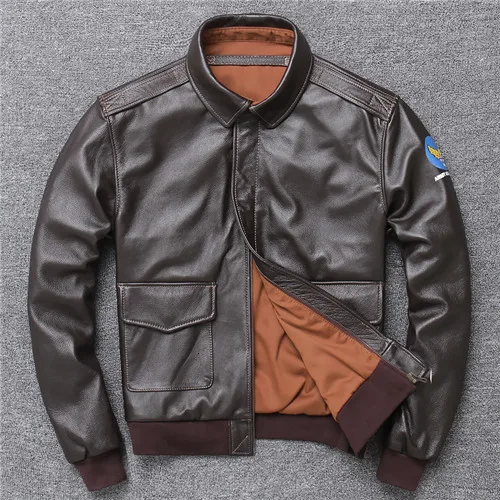 Военная куртка пилота Air Force Flight A2 мужская из натуральной коровьей кожи мотоциклетная зимняя воловья куртка Авиатор пальто - Цвет: Brown With Logo