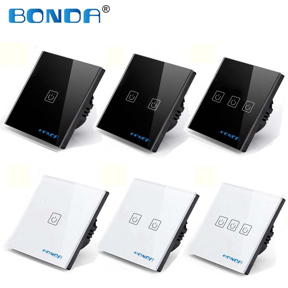 BONDA European standard touch wall switch tempered crystal glass panel sensor, touch screen, wall light switch AC110-220V