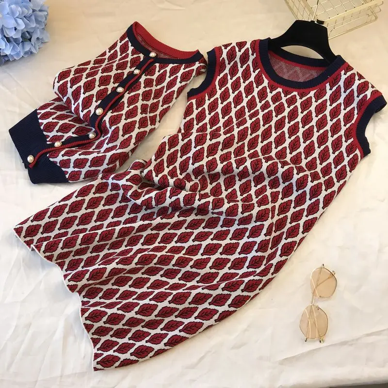 ALPHALMODA/ Зимний вязаный кардиган с круглым вырезом+ платье, Женский жаккардовый костюм из двух предметов с узором в виде листьев и ромбика, повседневный комплект OL