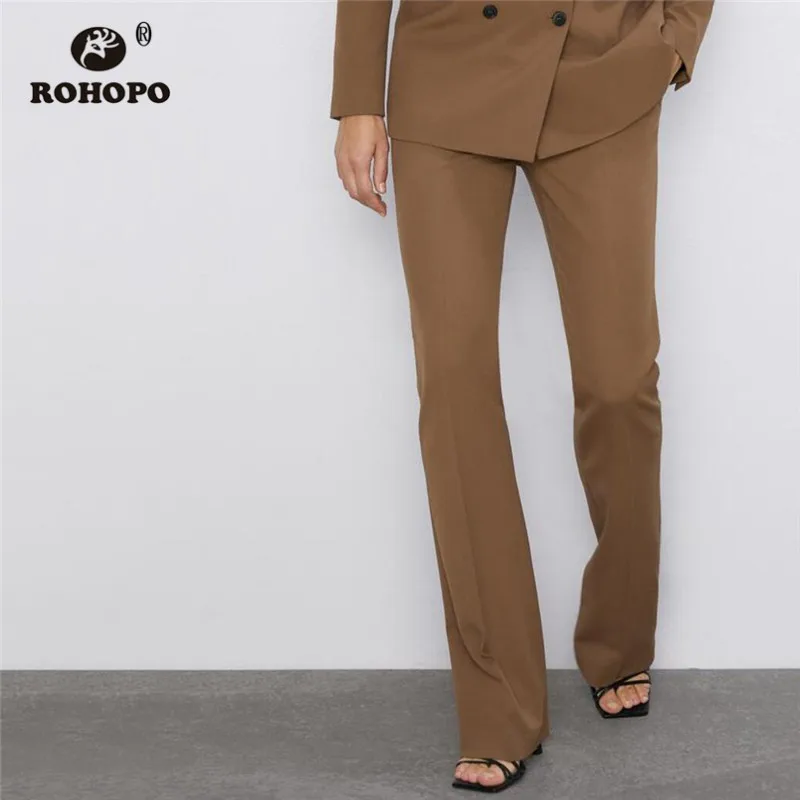 

ROHOPO Full Length Flared Pant Mid Waist Back Welted Pockets Brown Office Ladies Pants #6195