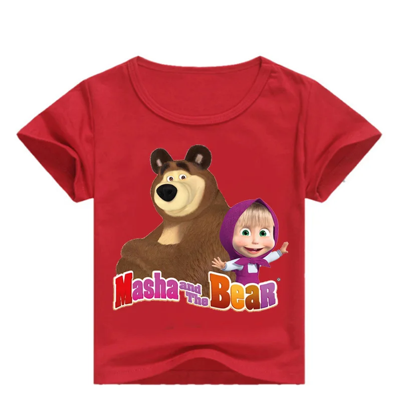 red 0351 Коллекция года, От 2 до 13 лет, модная детская футболка с короткими рукавами костюм с принтом «Маша и Медведь» для девочек футболки для маленьких мальчиков и девочек - Цвет: red 0351