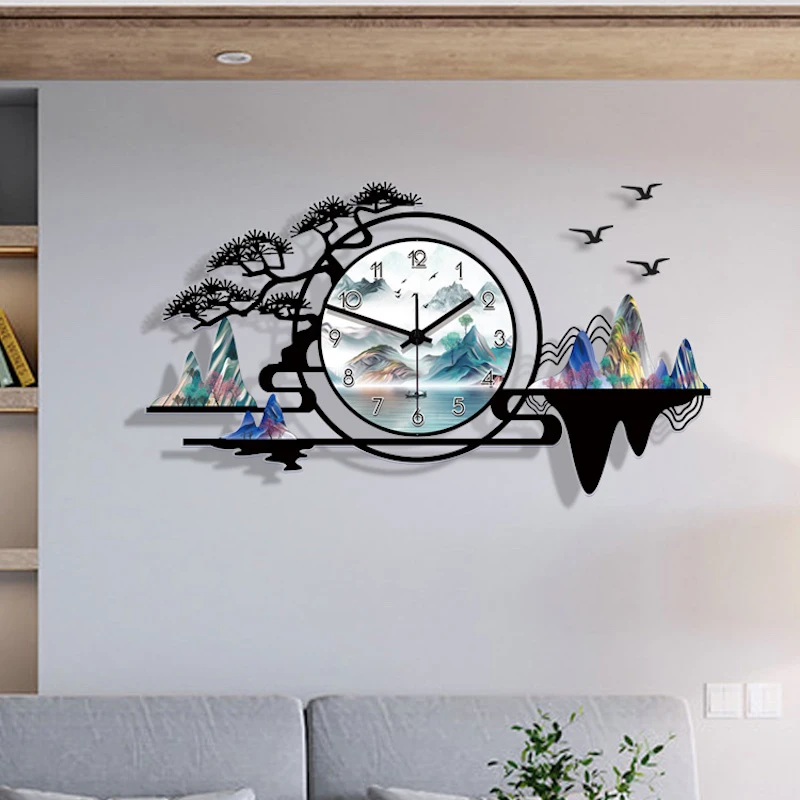 Nieuwe Chinese Landschap Wandklok Modern Design Decor Eenvoudige Muur Digitale Klok Wanddecoraties Woonkamer Muur Ornament|Wandklokken| -