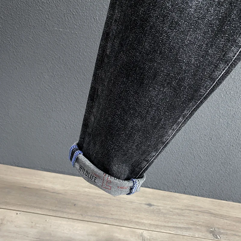 

2Y autumn new black gray printed non hole jeans men's fashion brand simple and versatile elastic little feet dad pants