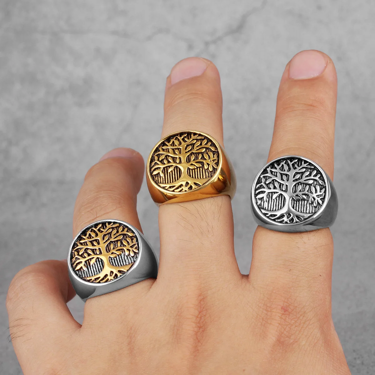 Stainless Steel Mens Ring Tree of Life Amulet Simple Elegant Charm for Male