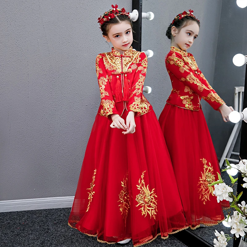 Детское китайское свадебное платье; Qipao; детская одежда для девочек; красное платье с вышивкой в виде цветов Феникса; платья принцессы в восточном стиле; Qi Pao Hanfu