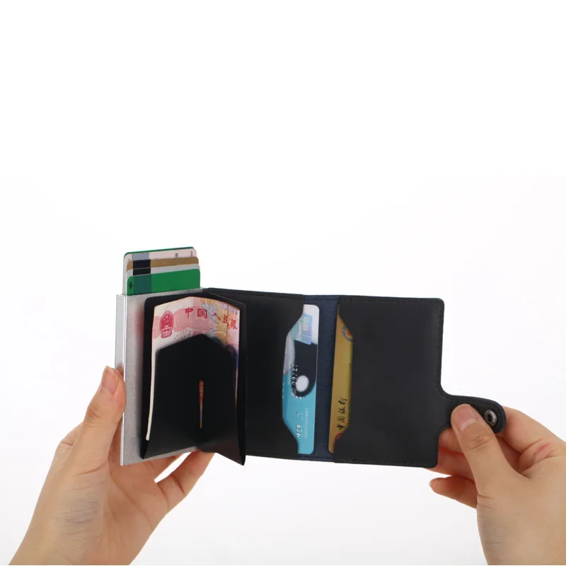 Новая мода Натуральная кожа держатель для карт Блокировка Rfid кошелек Бизнес алюминиевый кредитный держатель для карт автоматический всплывающий Чехол для карт