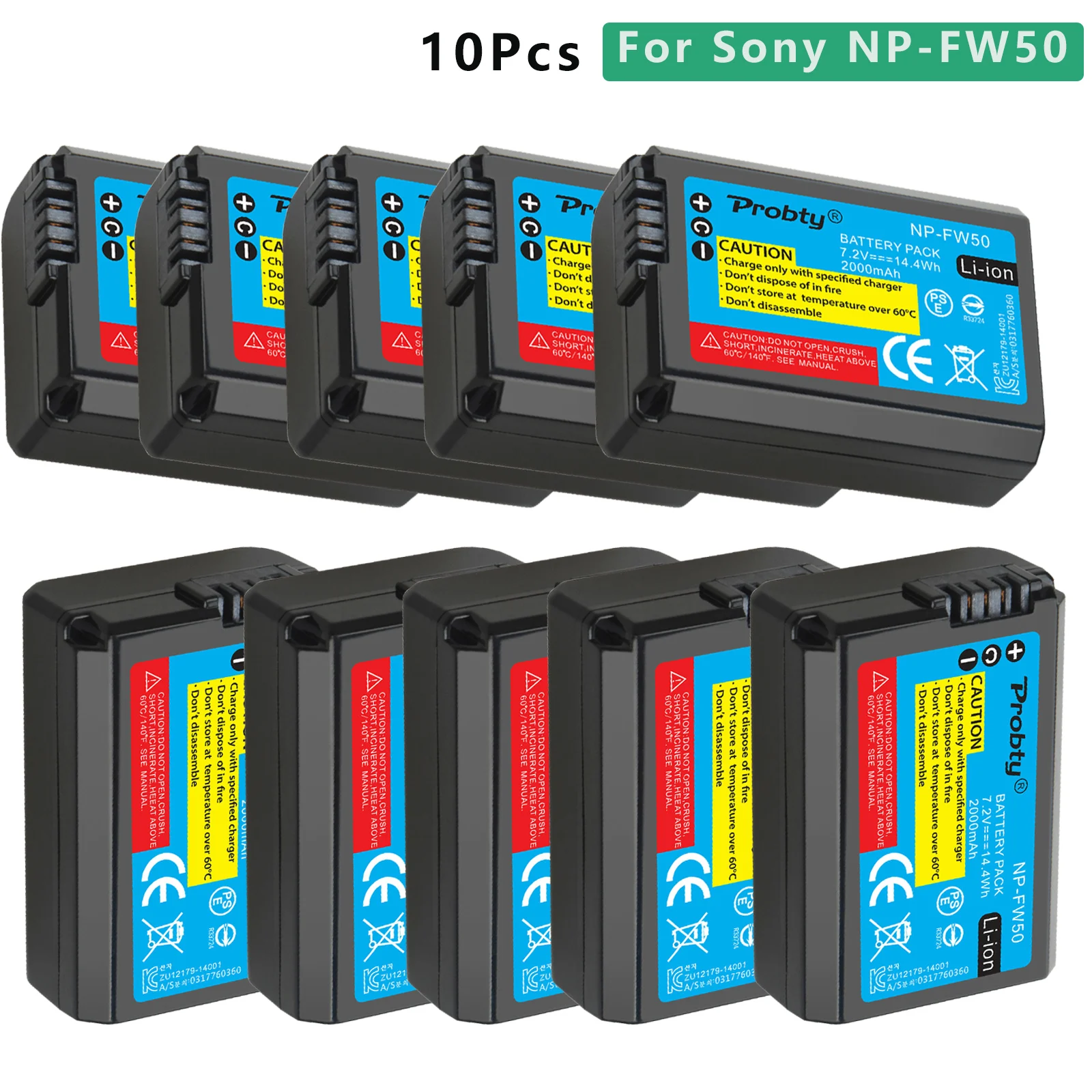 Probty 10 Pcs 2000Mah Np-Fw50 Np Fw50 Batteria Ricaricabile Per Sony Nex-7 Nex-5R Nex-F3 Nex-3D Alpha A5000 A6000 Alpha 7 A7Ii