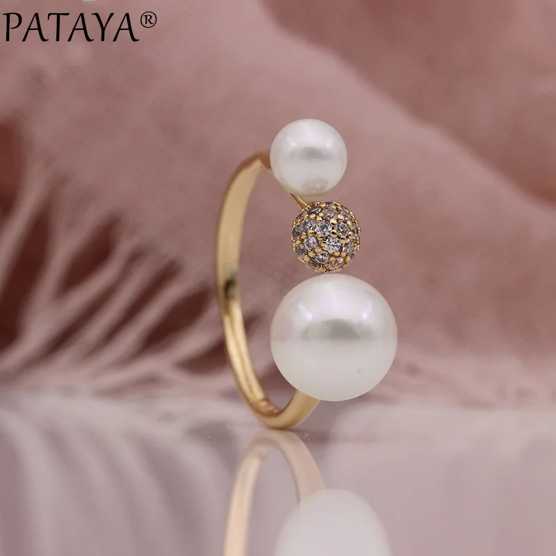 

PATAYA New Open Rings 585 Rose Gold Natural Zircon Round Shell Pearl Adjustable Spherical Ring Women Unique Fine Fashion Jewelry