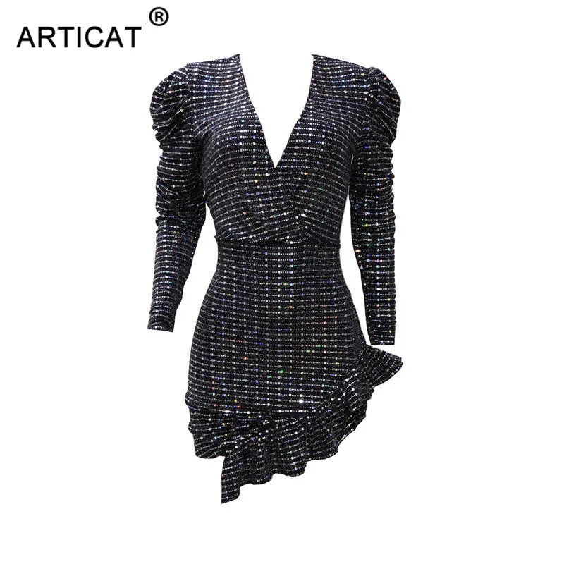 Articat, с пышными рукавами, сексуальное платье с блестками, женское, с длинным рукавом, с v-образным вырезом, облегающее, с бриллиантами, платье, блестящие, вечерние, рождественское платье, Vestidos