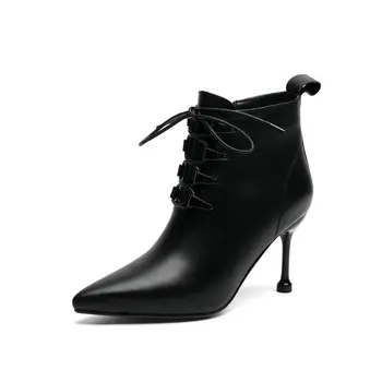 

Chelsea Boots Woman Autumn Winter Warm Genuine Leather Short Boots High Heels Women Metal Decoration lace up Ankle Boots