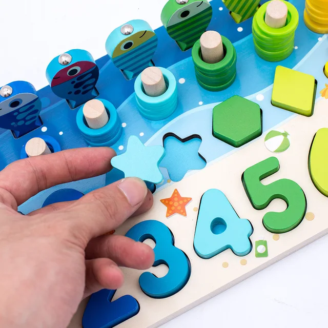 Baby Montessori Jigsaw Puzzle Wooden Toys Educational 4 in 1 Digital Shape Cognition Fishing Math Toys for Children Gifts 4