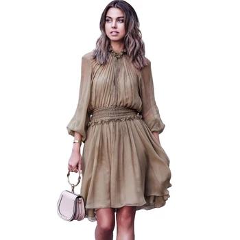 

Sexy Khaki chiffon dress women Long lantern sleeve lace dresses dots female Luxury slim evening party dress vestidos 2020