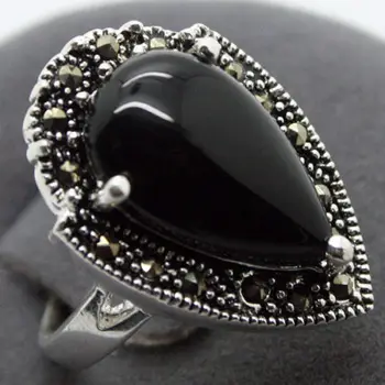 

wholesale good 15*23mm RARE VINTAGE NATURAL BLACK AGATE 925 SILVER MARCASITE RING SIZ 7/8/9/10# Genuine men silver Jewelry Fre
