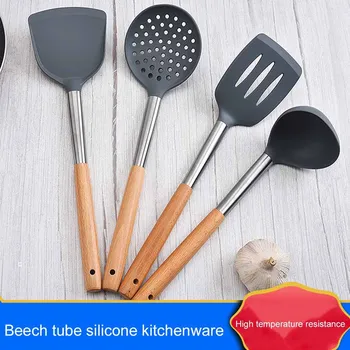 

4PC Silicone Wood Turner Soup Spoon Spatula Brush Scraper Pasta Server Egg Beater Kitchen Cooking Tools Kitchenware