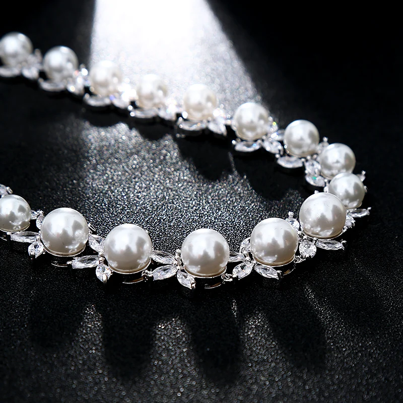 Luxury Crystal Romantic Fashion Set Jewelry Floral Design Pearl CZ Bridal Wedding Jewelry Set Silver Lady Jewelry Accessories