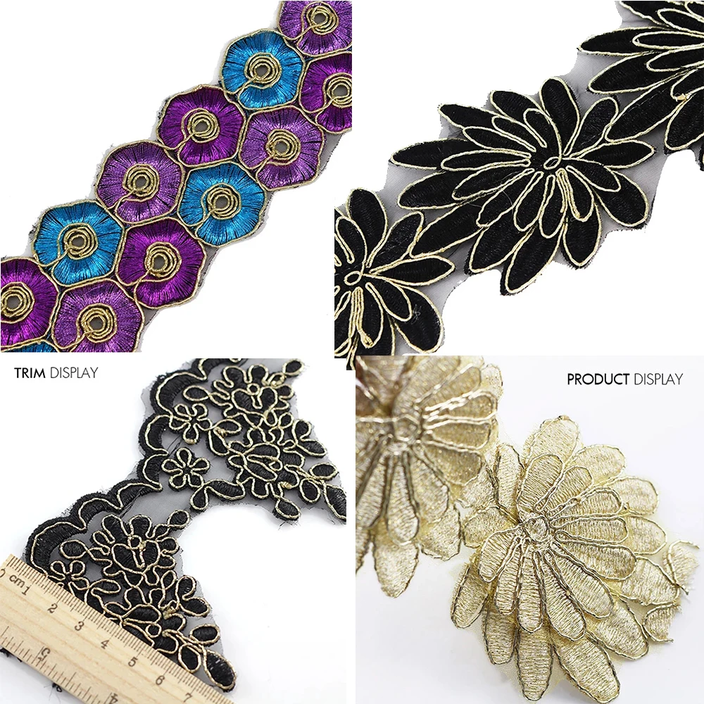 2yard Black Gold 3D Leaf Embroidery Lace Trim African Guipure Trimming Lace Motif Venise Embellishmen Sewing Accessories T2049