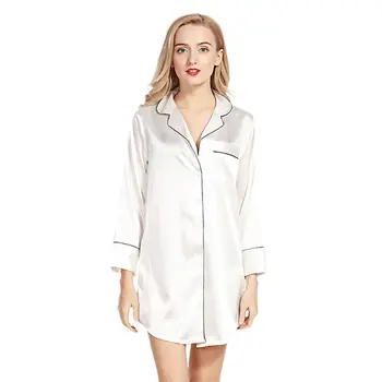 

Womens Imitation Silk Long Sleeve Nightshirt Button Down Sleep Dress Nightgown D08E