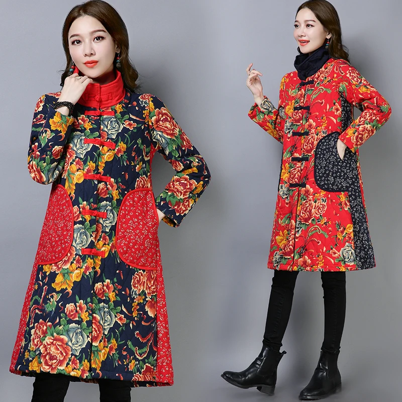 

2019 New Fashion Women Autumn Winter Parkas Chinese Style Long Coats Ladies Slim Stand Collar Printed Padded Cotton Jackets V907