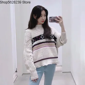 

Isa~2020 Round Neck Long Sleeve Exquisite Hollow Out Spell Color Pattern Women's Wear Knitting Shirt Top 190786