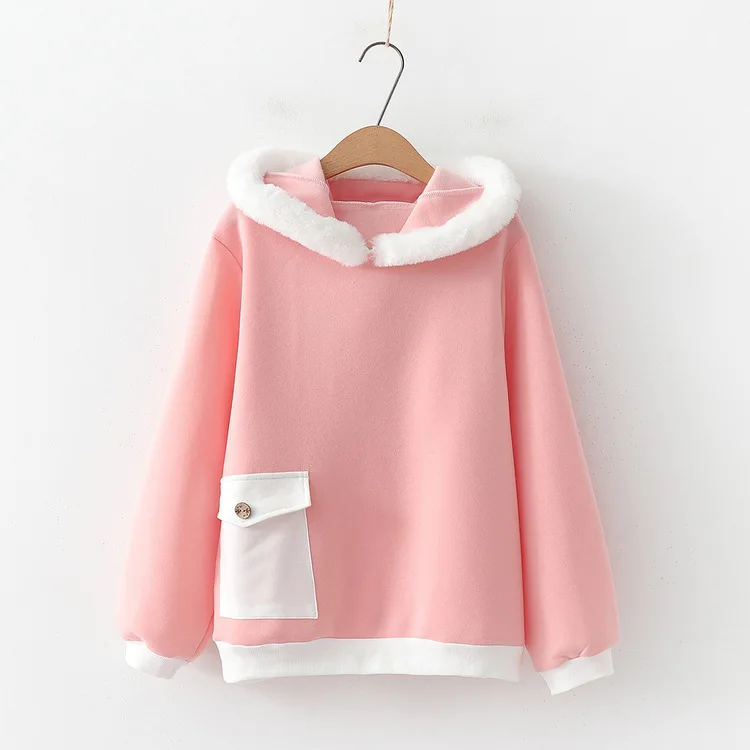 Розовый Женские Новые осенне-зимние теплые толстовки Kawaii, модные милые бархатные пуловеры с капюшоном и заячьими ушками, милые топы для студентов - Цвет: Розовый