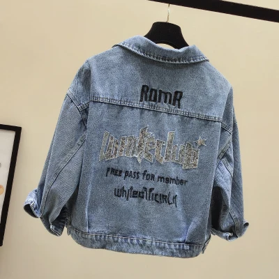Guilantu Embroidery Sequin Vintage Denim Jacket Women Turn-down Collar Batwing Sleeve Casual Loose Streetwear Jenas Coat Female