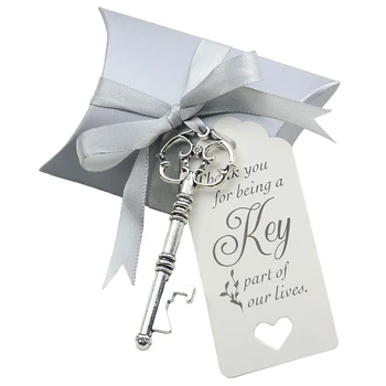 

50Pcs Wedding Candy Souvenir Gift Set Pillow Candy Box Vintage Skeleton Key Opener French Ribbon