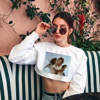 

2019 Fashion Crop Top hoodies women Long Sleeve Angel Printed white black yellow Tops cropped pullover hoodie sweatshirt