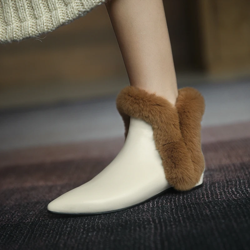 

MEZEREON Women Boots Cowhide Booties Ladies Winter Shoes Rabbit Fur Woman Boots Slip On Warm Plush Insid Ankle Boots Botas Mujer