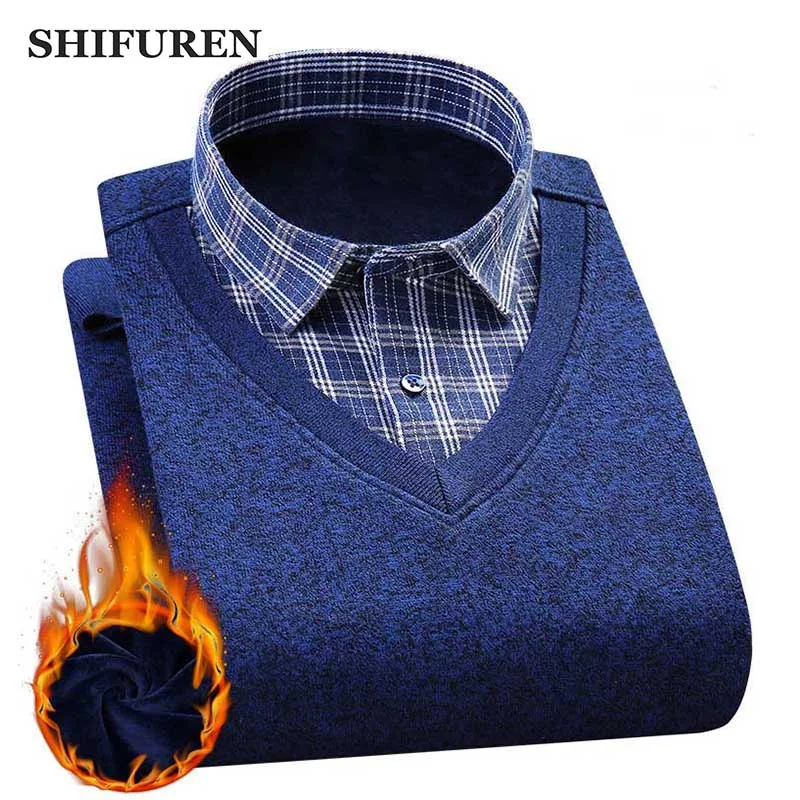Зимние мужские пуловеры SHIFUREN свитеры с длинным рукавом теплая флисовая