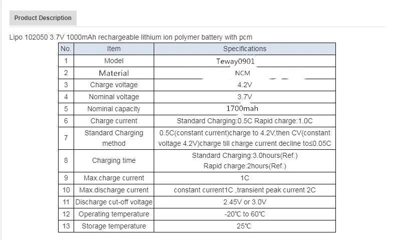 Специальный дизайн 3,7 v перезаряжаемые Lipo батареи 1700mah литий-полимерная батарея с проводами, PCB для электрических инструментов