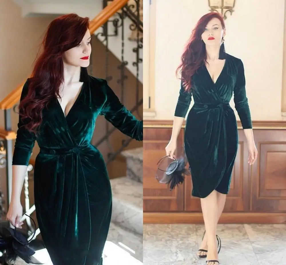 

Emerald Green Velvet Cocktail Party Dresses Knee Length Charming Long Sleeves Formal Evening Gown