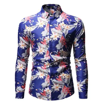 

Floral Shirt Men's Clothing Casual Long sleeve Blouse Men Flower Male Shirt Turn-down Collar Black blue