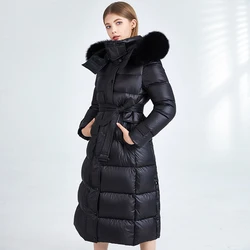 Parka à capuche en duvet de canard blanc pour femme, manteau épais et chaud, en vraie fourrure naturelle de renard, de haute qualité 