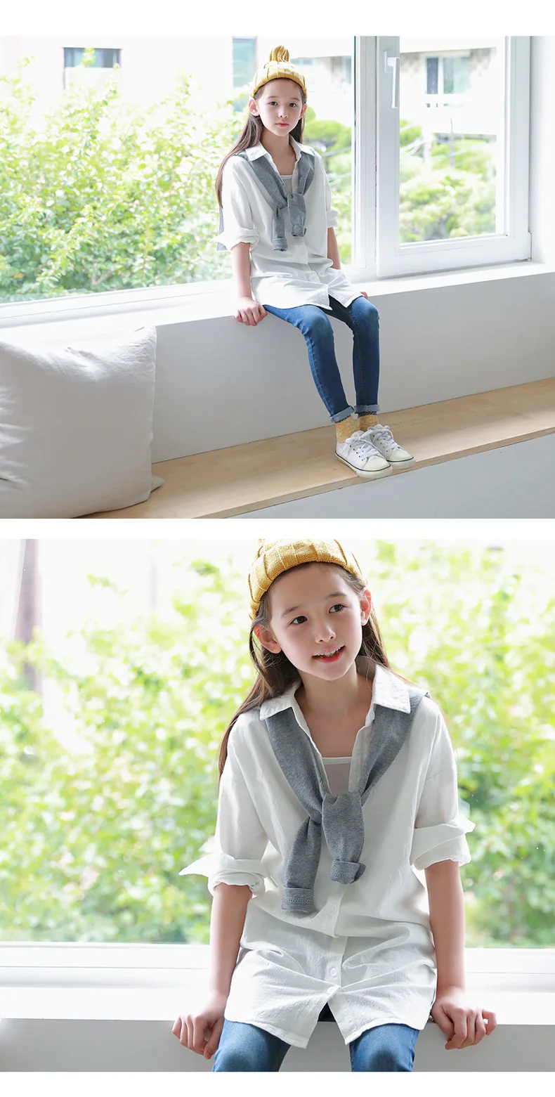 Новинка года, простые Стильные Осенние блузки для девочек детские белые блузки с длинными рукавами хлопковая рубашка для малышей детский топ с шалью#5338