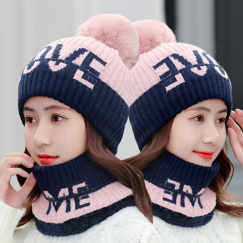 pink hat scarf Осенне-зимние Новые вязаные комплекты с воротником-шапочкой съемный для женщин с шерстяным шариком Шерстяная кепка-смесь шапка шарф теплый костюм из двух предметов головной убор - Цвет: pink hat scarf