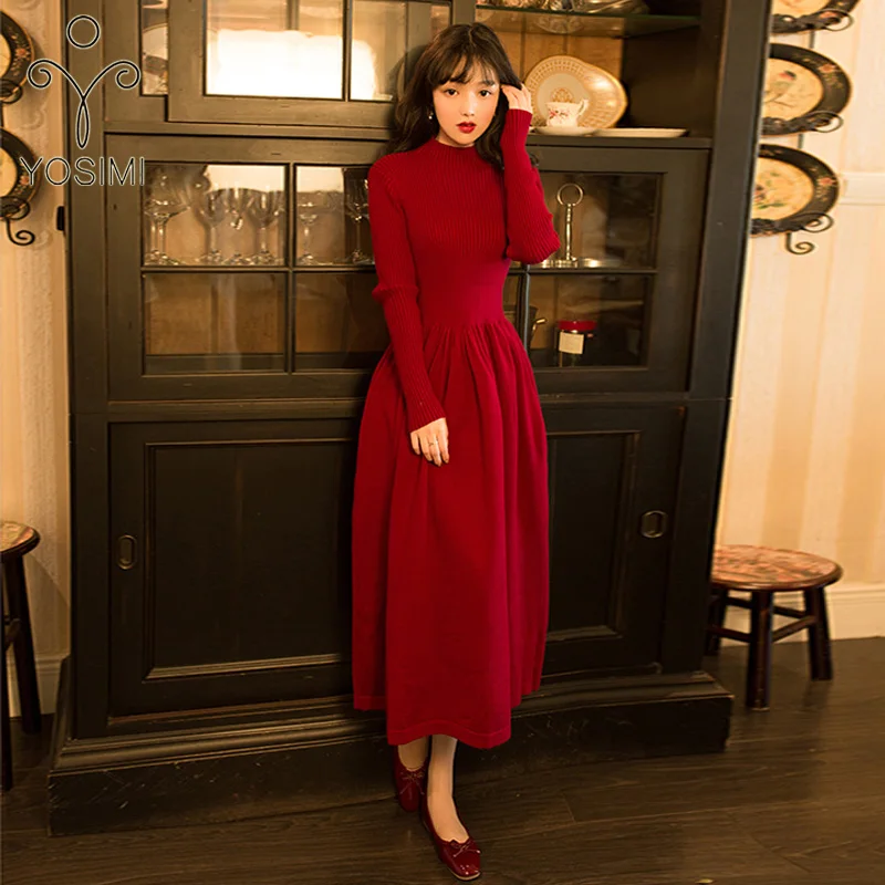 YOSIMI 2019 Autumn Winter Long Women Dress Stand-neck Elasticity Sweater Female Vestido Full Sleeve Mid-calf Bandage | Женская одежда