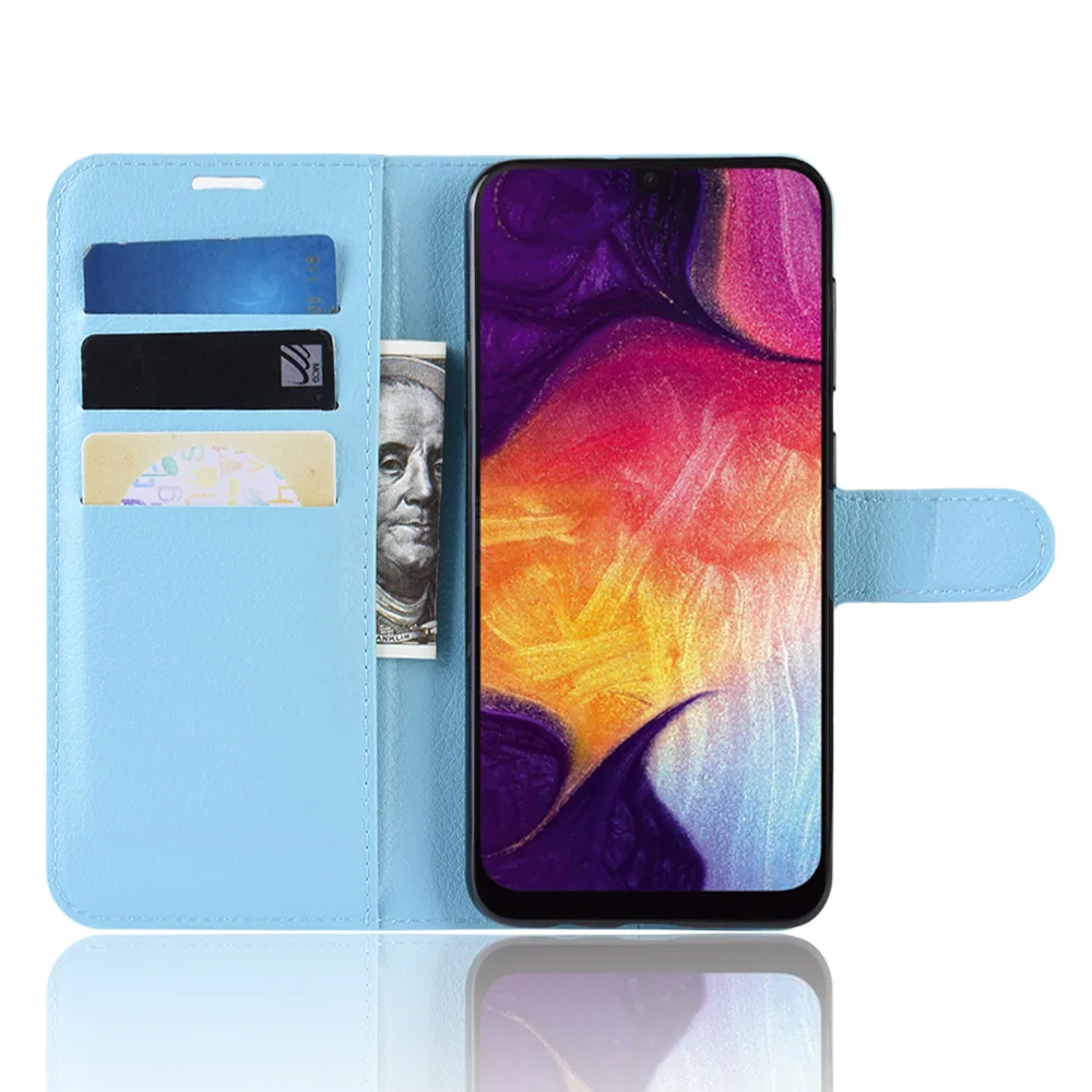 Синий Чехол A505 для samsung Galaxy A50 A505F(6,4 дюйма), Чехол-Кошелек, Чехол-книжка с отделением для карт, кожаный чехол-книжка, черный цвет, 505A SM 50 A 505 - Цвет: Синий