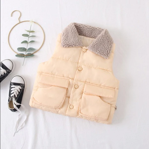 Beige Children's Down Cotton Vest Winter New Male Baby Padded Vest Wear Outside Girl Lapel Cotton Coat Sleeveless - Цвет: Beige