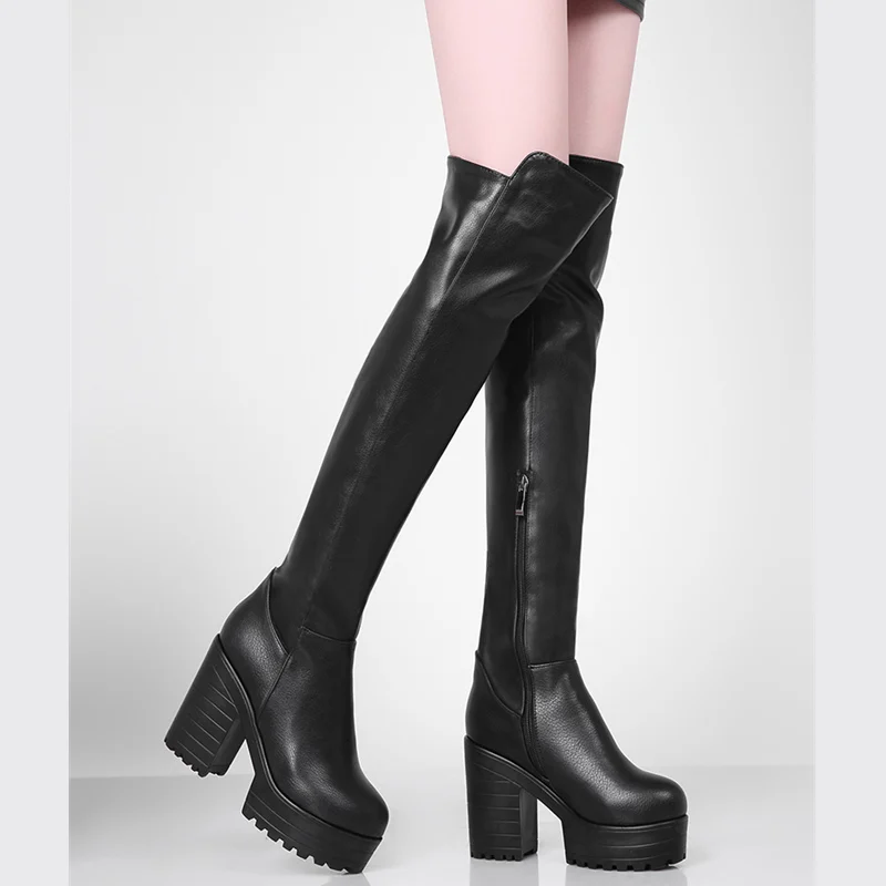 

New 2019 Winter Punk High Heels Over the Knee Boots Fashion Platform Fur Warm Snow Boots Sexy Black White Long Boots Shoes Woman