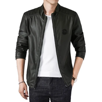 

Men's Fleece Stand Faux Leather Jacket Print Solid Long Sleeve Biker Jacket Leather Men Fashion Zipper Pocket Homme Coats M-3XL
