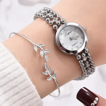

Ladies Watch Luxury Temperament leaf Bracelet 2pcs/Set Fashion Diamond Beaded Chain Watch Bracelet reloj mujer часы женские