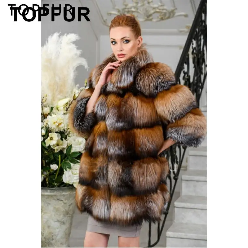 TOPFUR, новинка, модное зимнее женское длинное пальто, воротник с лацканами, натуральный мех, пальто для женщин, натуральный Лисий мех, пальто с рукавом три четверти